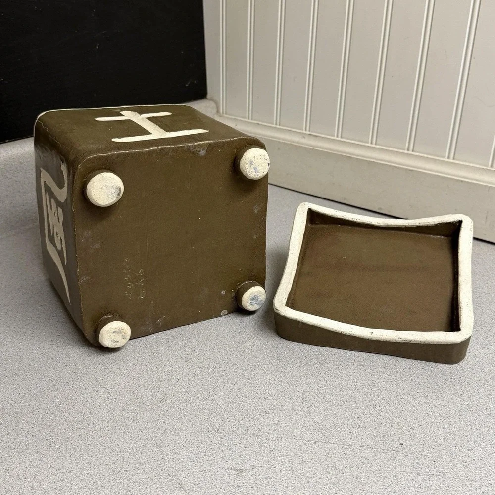 Vintage Handcrafted Japanese Olive Green Square Storage Box Lid Footed 9